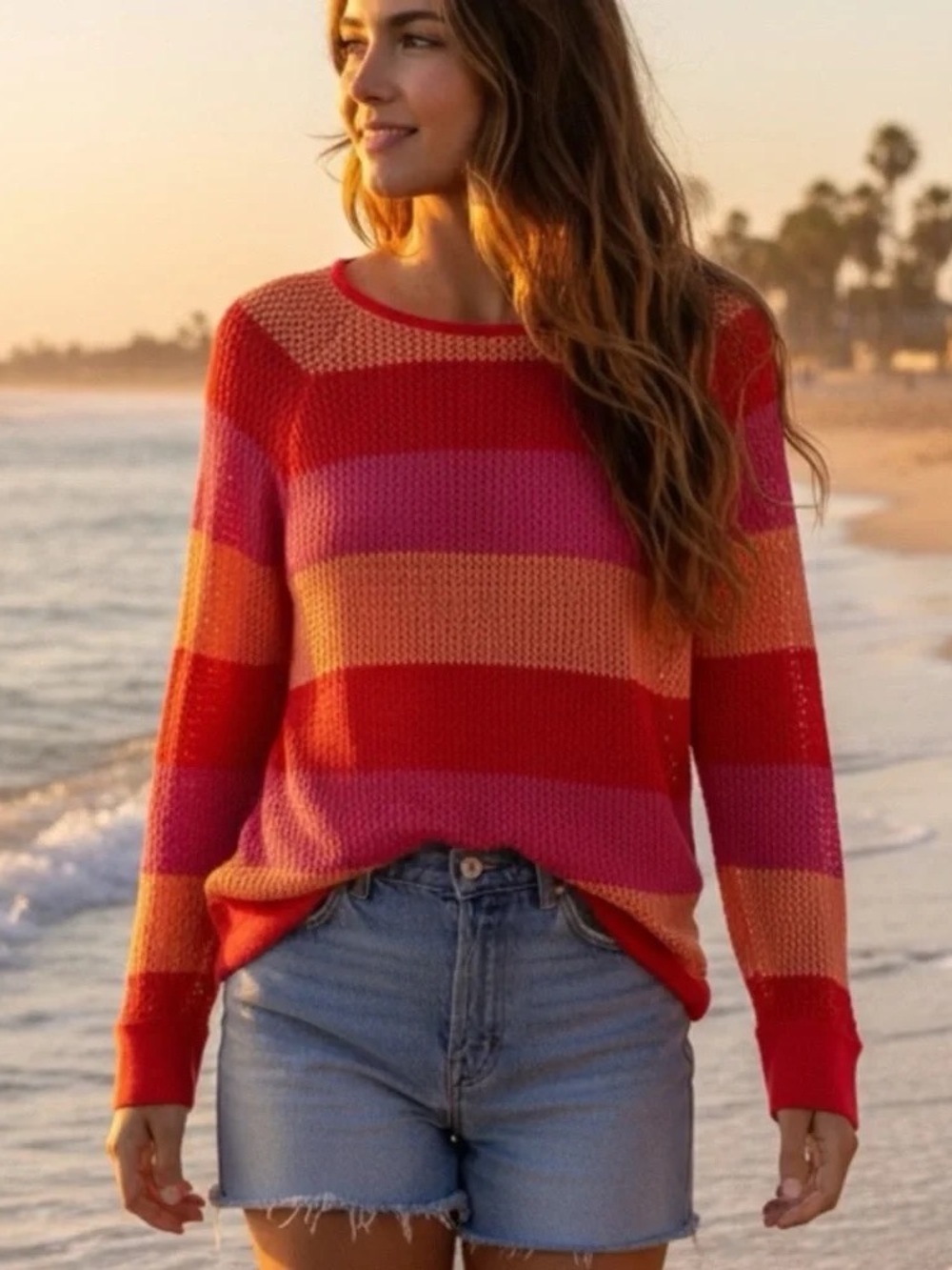 525 America Open Knit Striped Sweater Pink Red Peach 100% Rayon Women Size M